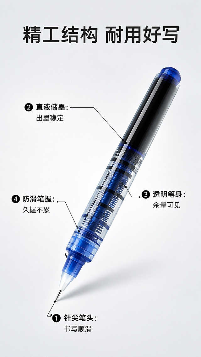 「图片1」「图片1」「图片1」「图片1」，生成详情页，商品名称为好来星直液速干笔，适配淘宝/天猫平台，单图比例为9:16，需求屏数为8张。
