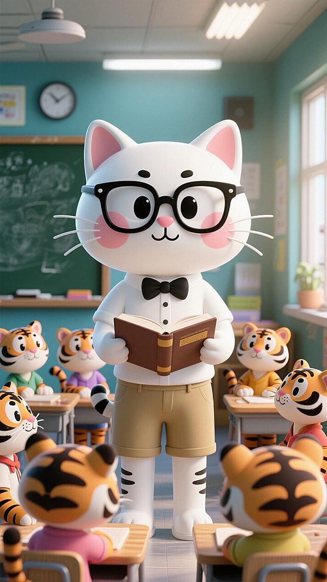 3D卡通风格，拟人化猫咪老师课堂授课，可爱简约设计，童趣满满。
