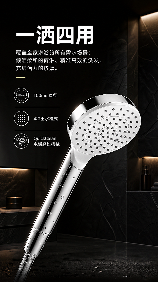 参考第二张图的黑色系质感排版风格，设计第一张图四出水镀铬手持花洒电商详情页，尺寸比例9:16，保留文案：一洒四用，覆盖全家淋浴的所有需求场景：倾洒柔和的雨淋、精准高效的洗发、充满活力的按摩。标注信息：100mm直径、4种出水模式、QuickClean水垢轻松擦拭，深色浴室场景背景，突出产品镀铬光泽反射质感