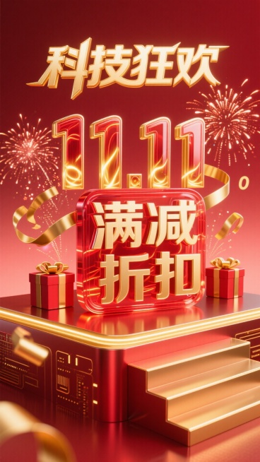 红色渐变背景中融入金色数字流（显示 “11.11”“满减”“折扣” 等字样），中央是红色玻璃质感立体字 “1111”，字体内部有金色光效流动；上方用金色未来风艺术字 “科技狂欢”，周围环绕发光的红金礼预览效果