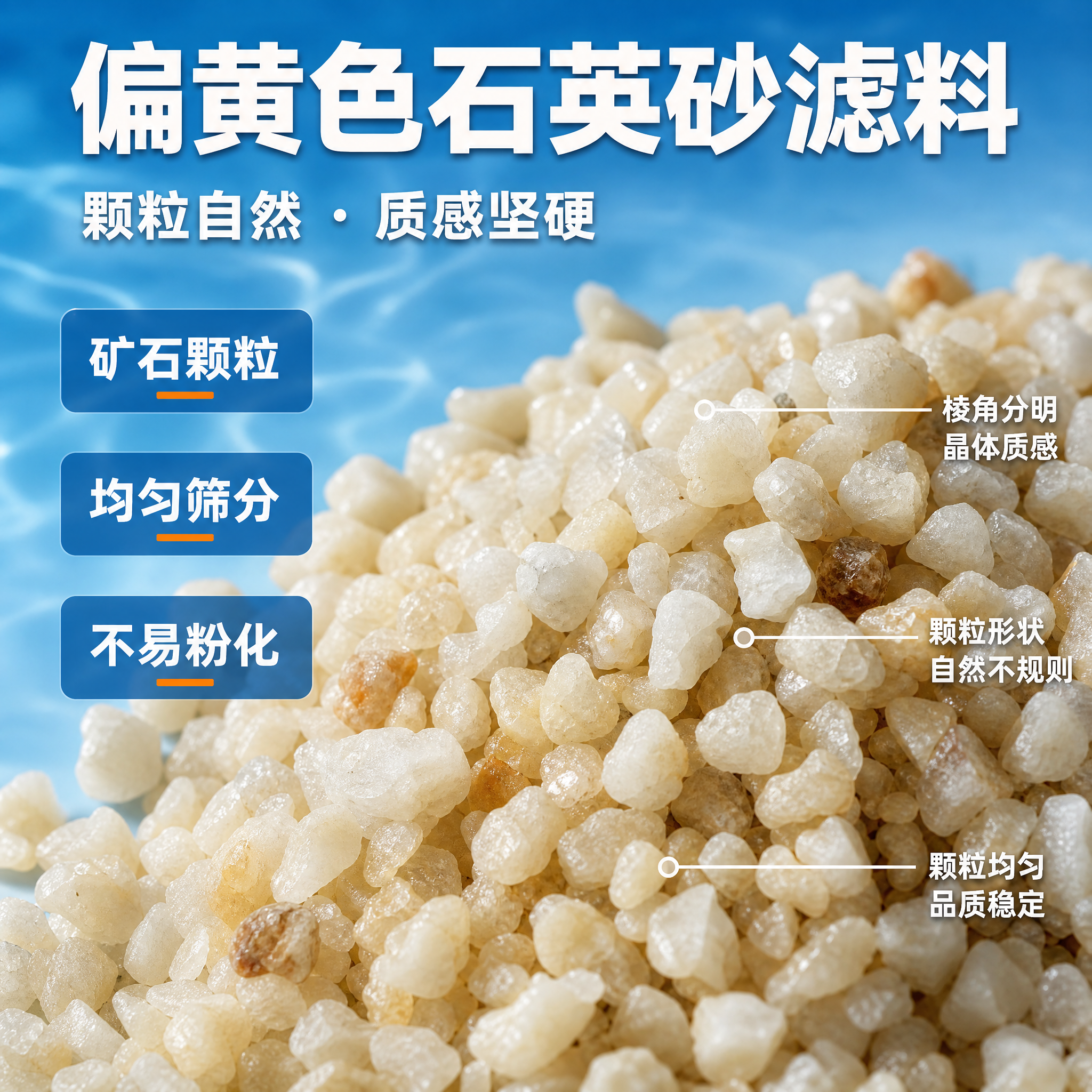 [主图-2] 偏黄色石英砂滤料微距细节特写图，突出颗粒材质与质… - 图片创意预览