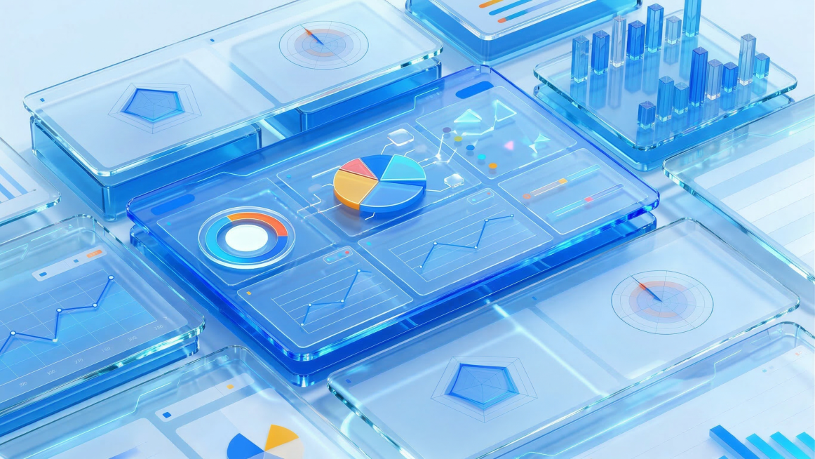 核心体现智能幼儿发展观察与评估的过程，将数据图表模块设计为多层立体不同平面的错落布局，使用高低错落的立体玻璃展示台承载不同类型图表，包含柱状图、饼图、折线图、雷达图等多种形态图表，整体突出发展过程的层预览效果