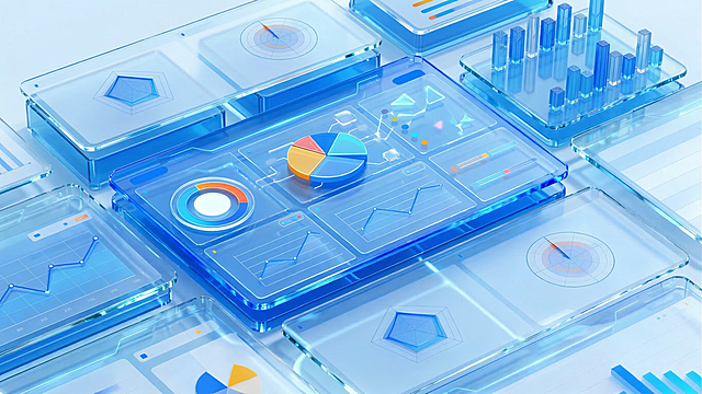 核心体现智能幼儿发展观察与评估的过程，将数据图表模块设计为多层立体不同平面的错落布局，使用高低错落的立体玻璃展示台承载不同类型图表，包含柱状图、饼图、折线图、雷达图等多种形态图表，整体突出发展过程的层次感，不包含小孩和任何文字文本，蓝色通透玻璃3D科技风格，干净明亮清透蓝色调