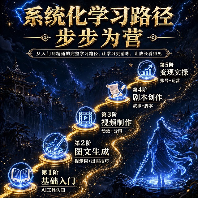 [主图-4] 学习流程与交付体验 - 展示从入门到精通的完整学习路径，降低用户顾虑。
[统一基调] 整体黑金蓝电光古风玄幻风格，深邃暗蓝黑色背景带蓝色闪电光效与金色流光粒子，金色立体金属质感主标题字，白色辅助说明文字，蓝色强调光效点缀，古风玄幻边框与图标装饰，商业海报级质感，高对比度强冲击力。
[画面] 顶部金色立体主标题"系统化学习路径 步步为营"。画面主体为一条从左下向右上延伸的金色发光阶梯路径，路径上有5个蓝色发光节点，每个节点配一个古风玄幻风格图标和文字说明。5个阶段分别是：第1阶"基础入门"（AI工具认知）、第2阶"图文生成"（提示词+出图技巧）、第3阶"视频制作"（动效+分镜）、第4阶"剧本创作"（故事+脚本）、第5阶"变现实操"（账号+运营）。阶梯路径周围飘散金色粒子，背景有淡淡的古风仙侠建筑剪影和蓝色闪电光效。画面右下角放一个蓝色发光的仙侠人物剪影，象征学成后的境界提升。
[光影质感] 商业海报级光影，阶梯路径有金色自发光效果，节点图标蓝色内发光，主标题金属立体投影，整体光影从上方来，暗部有环境光，画面有深度空间感。
[配色] 主色：深黑蓝底色；主标题色：金色金属质感；路径：金色发光；节点：蓝色发光；文字：白色/浅金色；强调色：电光蓝。
[文字版式] 顶部主标题大号金色立体字居中，每个节点旁配中号白色阶段标题和小号白色说明文字，文字沿路径排列清晰可读，右下角人物剪影不遮挡文字。
[输出要求] 1:1正方形，2048x2048高清，文字清晰锐利，路径节点对齐工整，无变形错字，无水印无平台Logo。负向：模糊 变形 错字 杂乱 水印 淘宝Logo 极限词 包会 保证