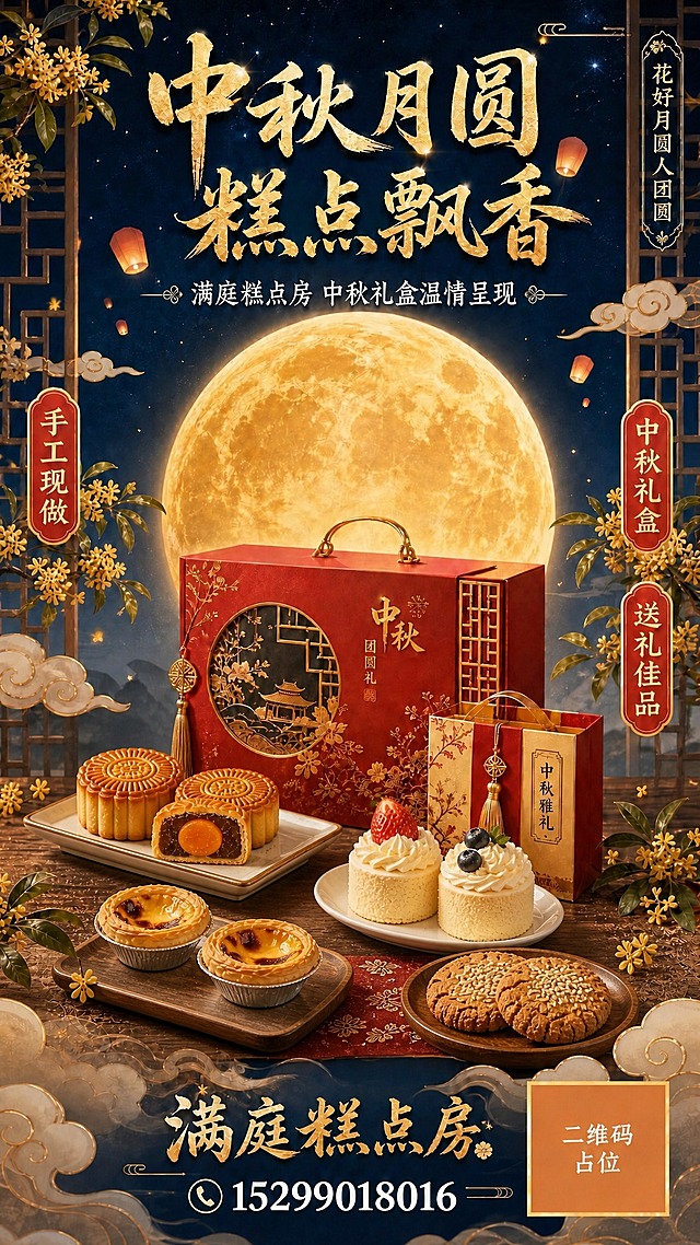在保持原有海报整体风格、版式布局、文字内容、背景月亮、桂花枝、祥云、窗棂、孔明灯、红色中秋礼盒等所有元素不变的基础上，优化中部糕点展示区域：

【调整要求】：
1. 减少糕点数量，精简陈列，避免拥挤杂乱，保持画面呼吸感和留白
2. 保留四种产品（月饼、小蛋糕、蛋挞、桃酥饼干），但每种数量减少，每样2-3件即可
3. 糕点分组摆放，间距拉开，形成清晰的视觉分组，不要全部堆在一起
4. 减少盘子和容器数量，使用更简洁的承托，避免过多道具干扰
5. 整体布局更疏朗有序，主次分明，礼盒依然是视觉中心，糕点围绕礼盒优雅点缀
6. 光影和质感保持一致，依然精致诱人，但整体更干净清爽

所有文字内容、店铺名称、电话、二维码占位、主标题、副标题、卖点标签全部保持原样不变。