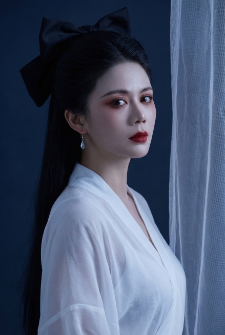 图中人物五官不变，年轻东亚女性胸像特写，侧颜姿态，眼神直视镜头。梳着夸张的黑色大蝴蝶结高盘发，黑色长发垂落在背后。妆容极具戏剧感，眼妆是浓郁的红棕色眼影，唇色是正红色，佩戴单只银色水滴耳坠。身着极简的预览效果