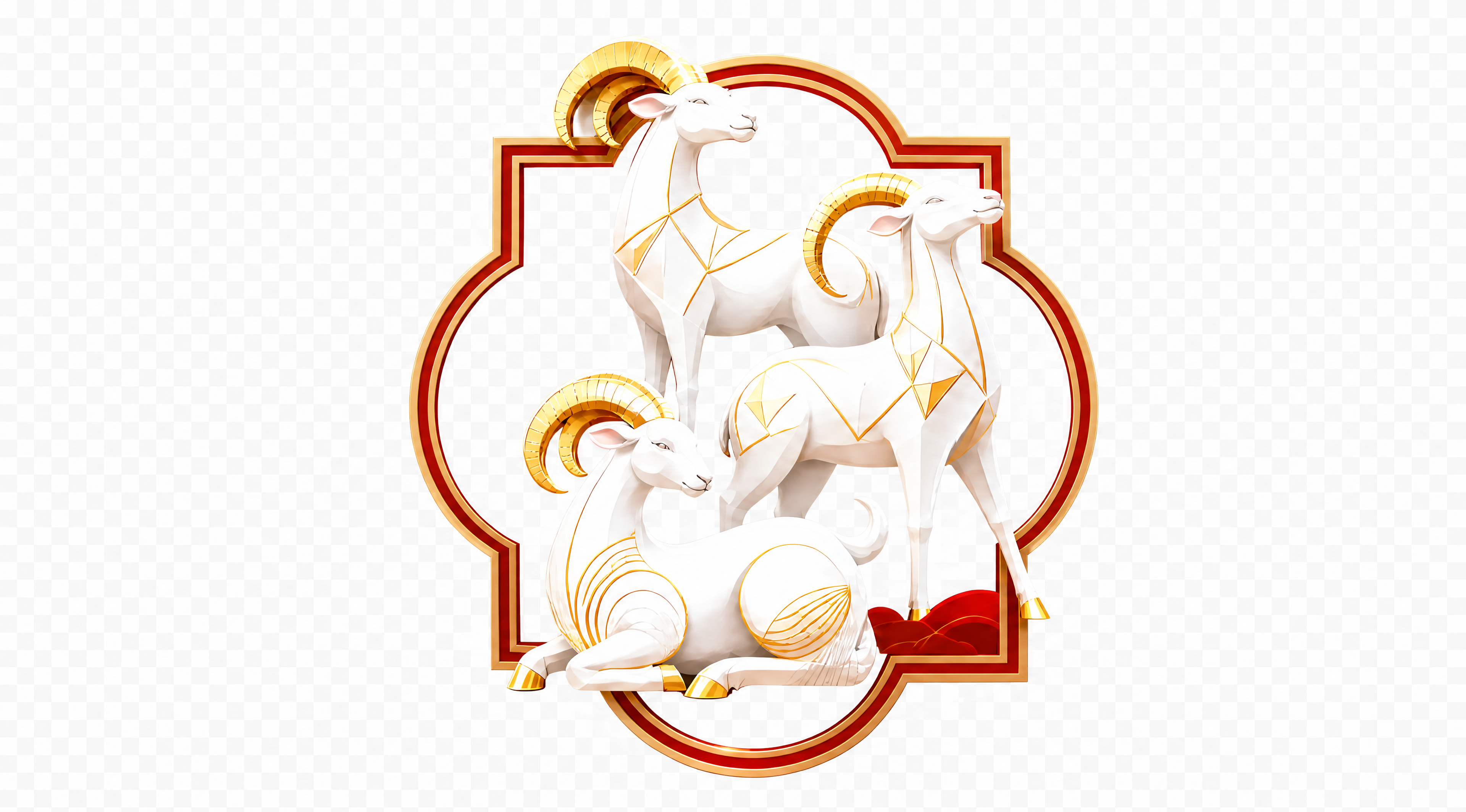 单独提取三只羊主体造型，包括三只白金色的羊和它们脚下的花窗边框… - 图片创意预览