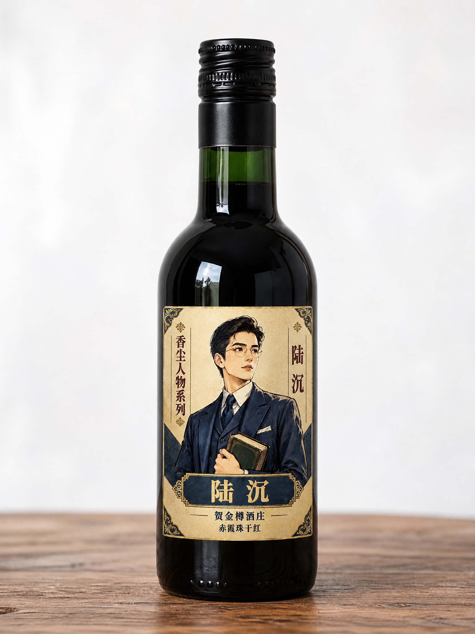产品摄影图，一只187ml小容量深绿色玻璃红酒瓶，瓶身圆润，黑… - 图片创意预览