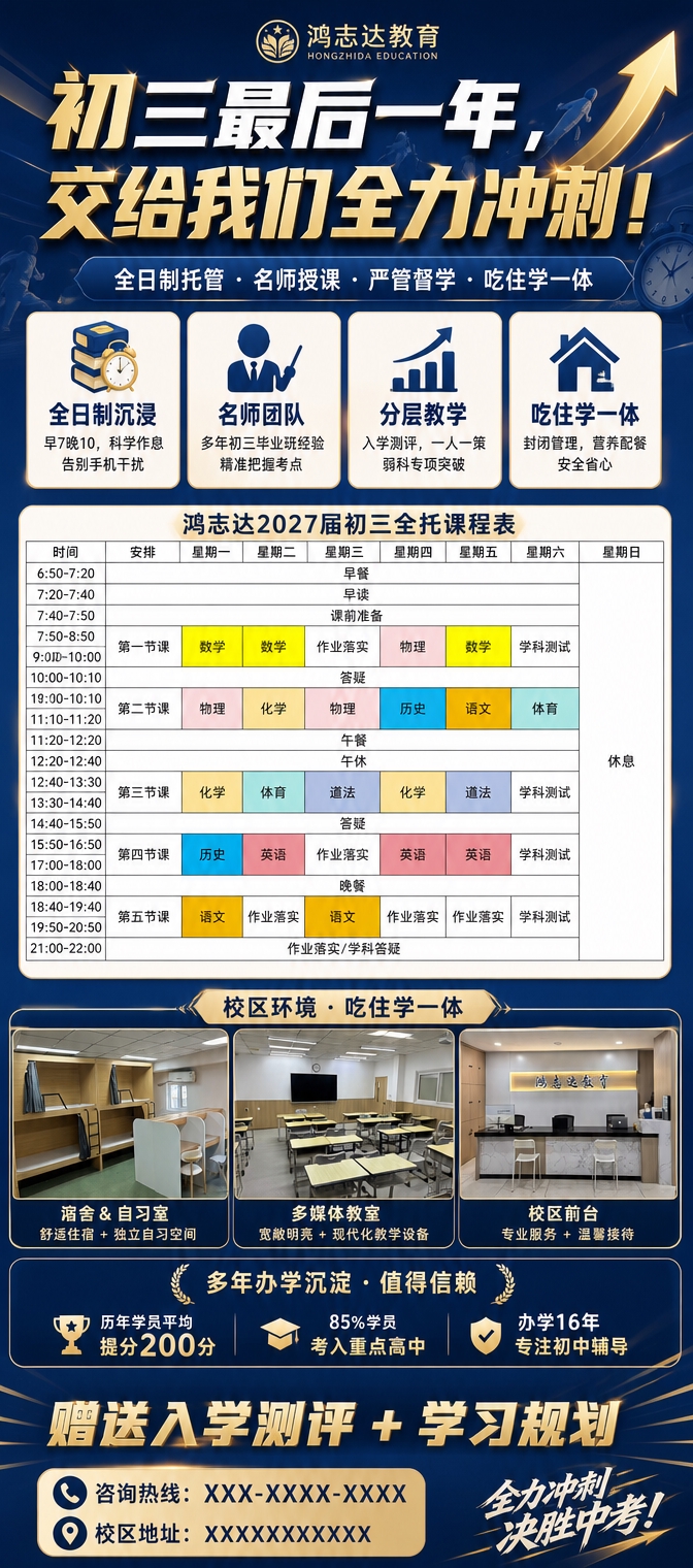 设计一张初三全日制托管冲刺班招生宣传长图海报，竖版，整体风格专… - 图片创意预览