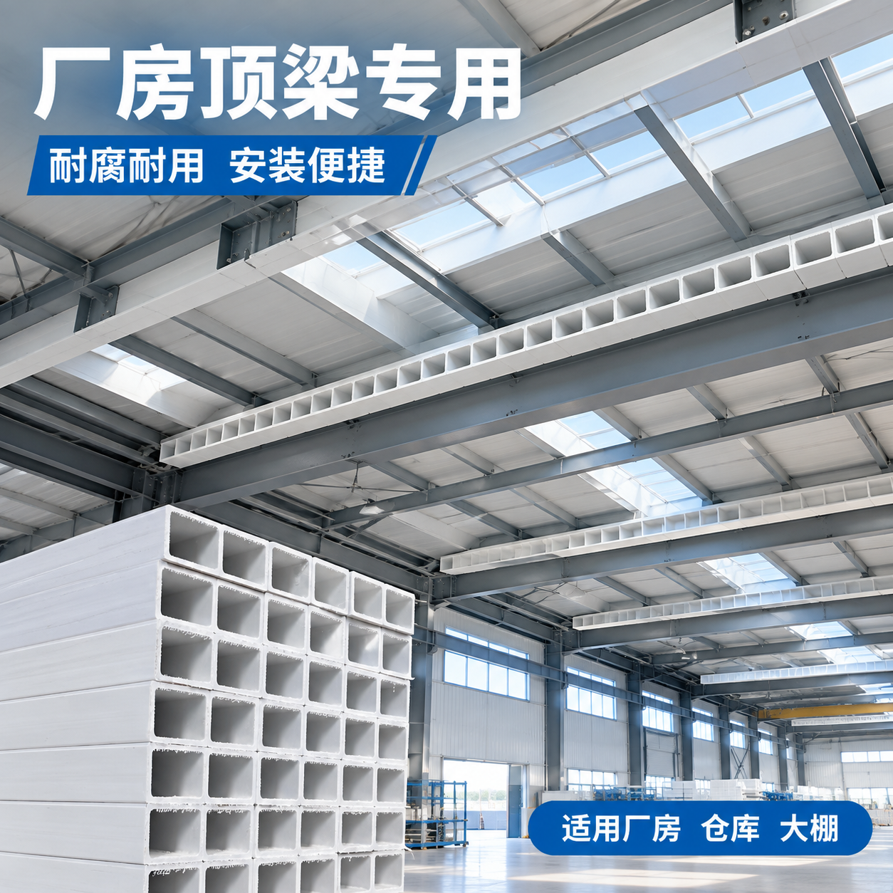 [主图-4] 场景使用图，主题为玻璃钢日字管在工厂厂房顶梁的实… - 图片创意预览