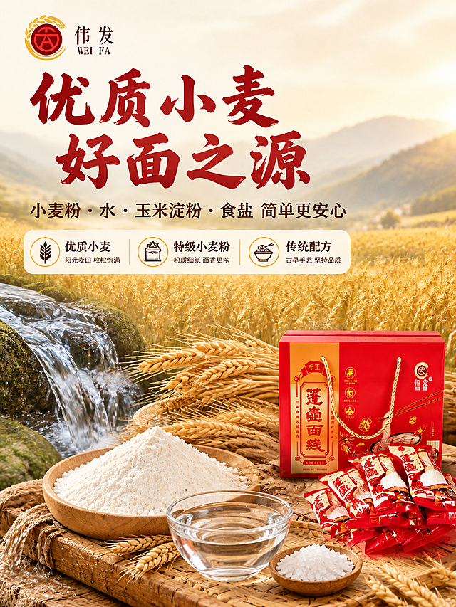 [商品] 使用【图1】伟发蓬壶面线产地原料页：保留顶部品牌“伟发 WEI FA”、红色礼盒（蓬壶面线、手工、泉港风味 传统工艺）与小包装袋、中景原料摆盘和暖色麦田背景的整体构图与版式。
[画面] 目标修改原料与产地表达：1) 移除画面中所有淮山（山药）实物、淮山切片、淮山粉和山药相关图形；2) 前景竹盘中改为优质小麦粉、麦穗、清水碗、食盐粒的原料摆拍；3) 移除右侧“永春 蓬壶”印章和“泉州永春 蓬壶丘陵产区”标注及其指向箭头；4) 背景土楼与丘陵产区特征弱化，替换为普通金色麦田与远山，不出现任何产地地名文字；其余构图、礼盒、包装和暖色光影保持不变。
[视觉] 套系策略：风格=中式国潮×家常烟火商业摄影；标题字=手写书法感粗体；正文字=现代简洁黑体；主色=中国红（枣红）；背景延展=米白/暖木/浅杏色做深浅层级延展；强调色=暖金黄，仅用于小面积图标、引线和标签；标题色=枣红；正文色=深暖棕；组件=米白圆角信息卡、细线引线、印章式标签；光影=暖侧光+柔和蒸汽氛围；字效=纯色。
[文字] 主标题改为“优质小麦 好面之源”（横排，枣红书法粗体）；副标题改为“小麦粉·水·玉米淀粉·食盐 简单更安心”；中部三个卖点模块改为：1“优质小麦”图标麦穗、文字“阳光麦田 粒粒饱满”，2“特级小麦粉”图标面粉袋、文字“粉质细腻 面香更浓”，3“传统配方”图标碗筷夹面、文字“古早手艺 坚持品质”；全图不得再出现“淮山”“永春”“蓬壶丘陵产区”等字样；所有文字横向排版、清晰可读。
[规格] 图片比例3:4竖版，4K，避免变形、错字、文字过小、竖排文字、冷蓝/蓝灰背景、礼盒颜色改变、包装文字错乱、水印、平台标识。