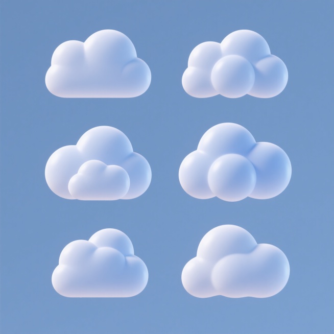 一系列6个不同造型和角度的云朵图标，保持3D立体风格，光滑圆润的表面，柔和的光影过渡，纯色背景，整体变换为淡蓝色调，云朵元素内容保持不变，每个云朵造型独特，角度各异，规整排布成集合，简约现代设计感，适合作为图标或装饰元素使用。预览效果