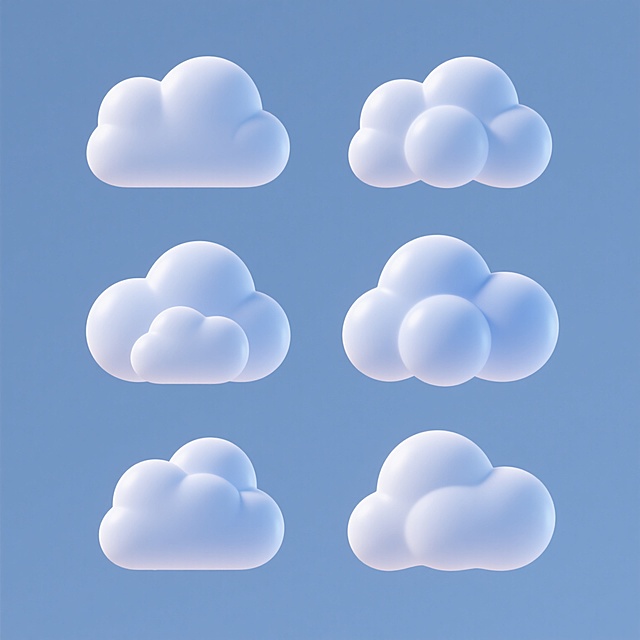 一系列6个不同造型和角度的云朵图标，保持3D立体风格，光滑圆润的表面，柔和的光影过渡，纯色背景，整体变换为淡蓝色调，云朵元素内容保持不变，每个云朵造型独特，角度各异，规整排布成集合，简约现代设计感，适合作为图标或装饰元素使用。