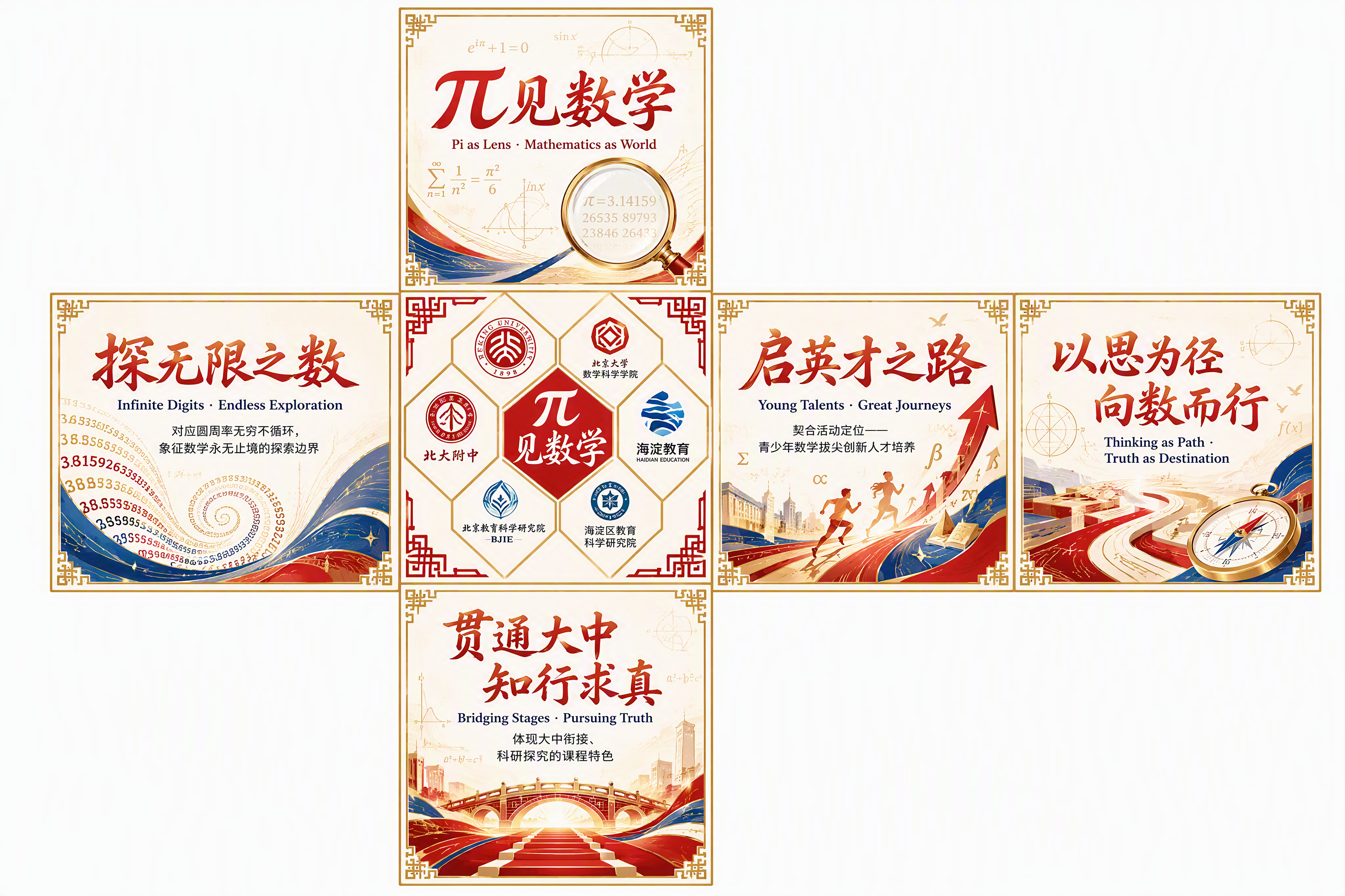 正方体六面展开图设计，十字形排列六个正方形面，红金配色的青春活… - 图片创意预览