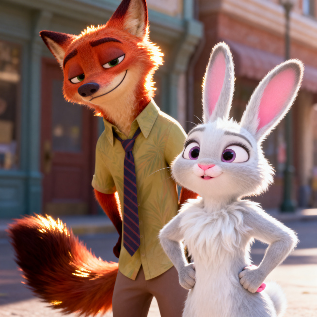 设计朱迪和尼克的人物形象，风格真实写实，贴近疯狂动物城原版动画形象，兔子朱迪和狐狸尼克同框，清晰的毛发质感，光影自然预览效果