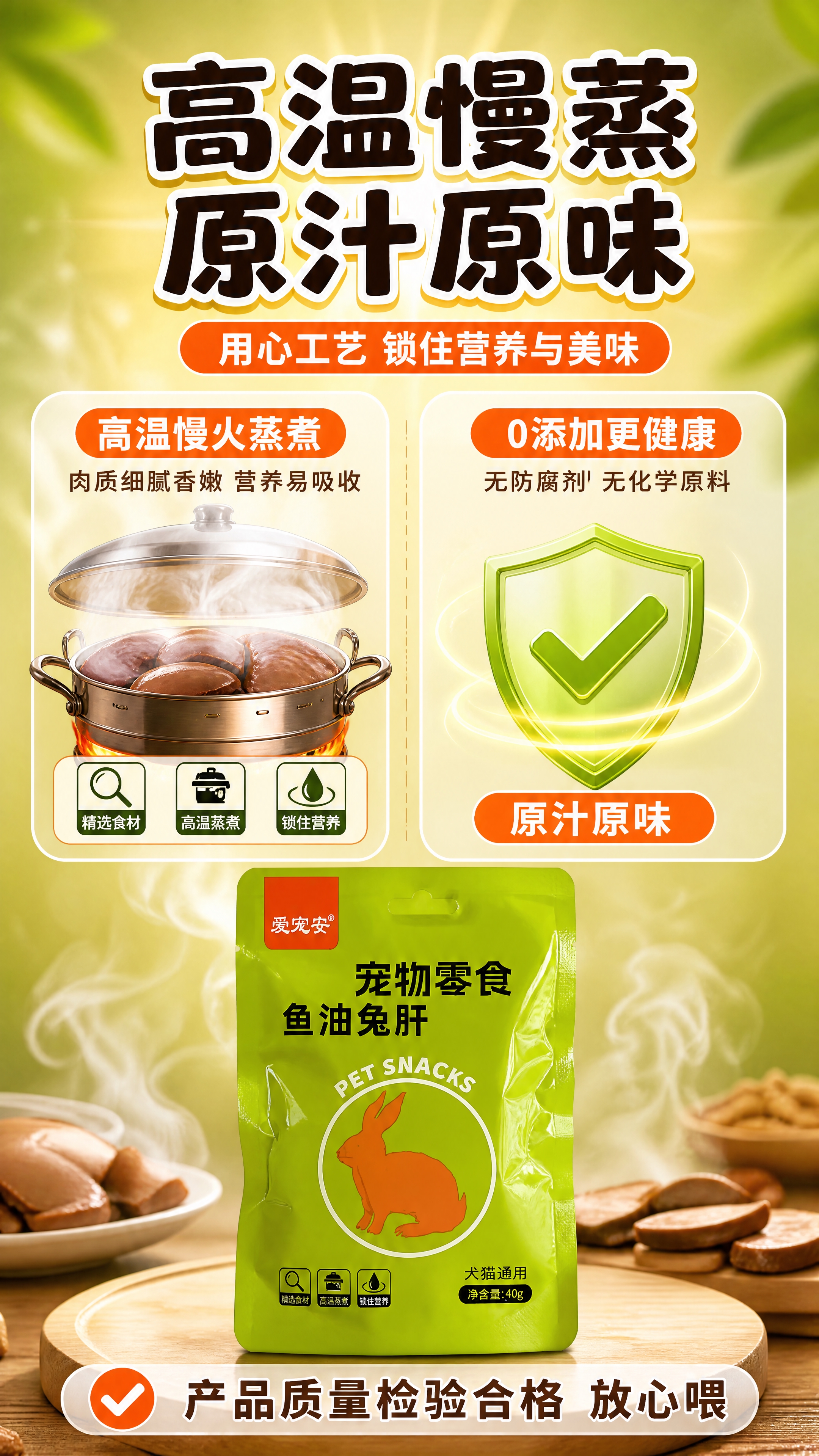 [商品] 使用【图1】爱宠安鱼油兔肝宠物零食绿色包装袋正面；保… - 图片创意预览