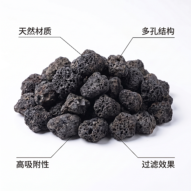 [主图 2] 黑色火山石核心卖点标注主图。[氛围风格] 真实商业摄影，清晰专业；[画质] 商业摄影质感、光线柔和通透、产品清晰真实、画面干净高级。[元素] 一堆黑色火山石置于纯白色背景，保持产品外观（物理结构、材质质感、颜色）与输入产品图绝对一致，杜绝任何变形和色差，精细化处理。商品主体占比约70%，画面满屏无边框。用纤细引线分别指向不同火山石，连接功能说明文字。[光影] 均匀柔光照明，凸显多孔纹理细节，轮廓清晰，立体感自然。[配色] 纯白色背景，深灰色文字引线，对比清晰。[视角构图] 平视居中拍摄，完整展示产品全貌。[文字版式] 四个核心卖点分别标注：左上角引线标注「天然材质」、右上角「多孔结构」、左下角「高吸附性」、右下角「过滤效果」，文字简洁不遮挡主体，左/右对齐保留安全边距。所有文字黑色清晰易读。[比例分辨率] 1:1 比例，2k 分辨率；文字清晰锐利，画面超高清。[负向提示词] 变形，水印，文字错乱，产品图模糊，背景杂乱，遮挡主体