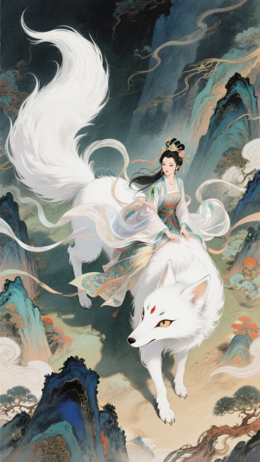 线条水彩混成，神秘元素，色彩纷呈，创意背景，丝丝刻划，精细入微，山海经奇景，宏伟震撼，俯拍，色彩鲜艳丰富，国潮元素，中式配色，细节精细，视觉冲击，自然光感，高清色彩颗粒，一只白色狐妖坐骑，有夸张的大尾预览效果