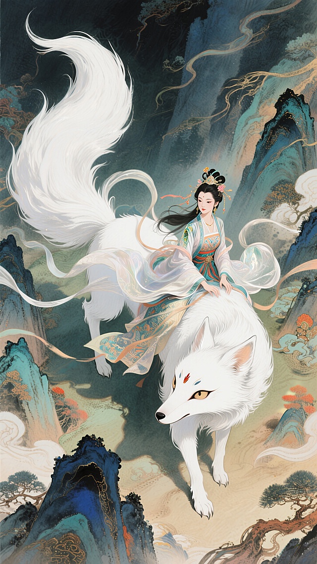 线条水彩混成，神秘元素，色彩纷呈，创意背景，丝丝刻划，精细入微，山海经奇景，宏伟震撼，俯拍，色彩鲜艳丰富，国潮元素，中式配色，细节精细，视觉冲击，自然光感，高清色彩颗粒，一只白色狐妖坐骑，有夸张的大尾巴，白色的毛，浅色的瞳孔，一绝美的女子穿着锦衣华服又丝滑飘逸的服饰坐在狐妖的背部，奇幻，线条柔和，高清，造型夸张，大胆的线条勾勒 ，灵异，大师级构图，杰作，8k，超清，人物近景特写