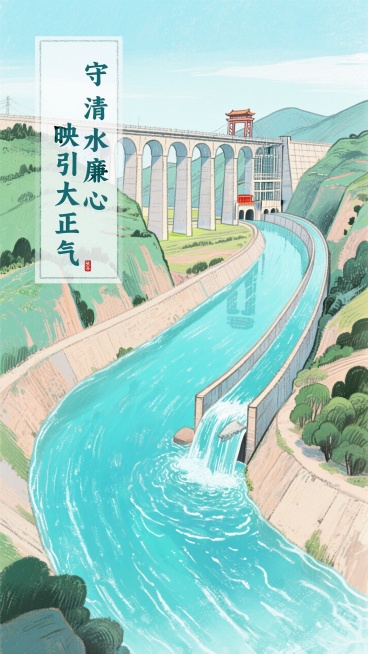 守清水廉心，映引大正气。整体已蓝绿色为主，突出水廉洁的主题，再加上引大入秦工程的宏伟预览效果