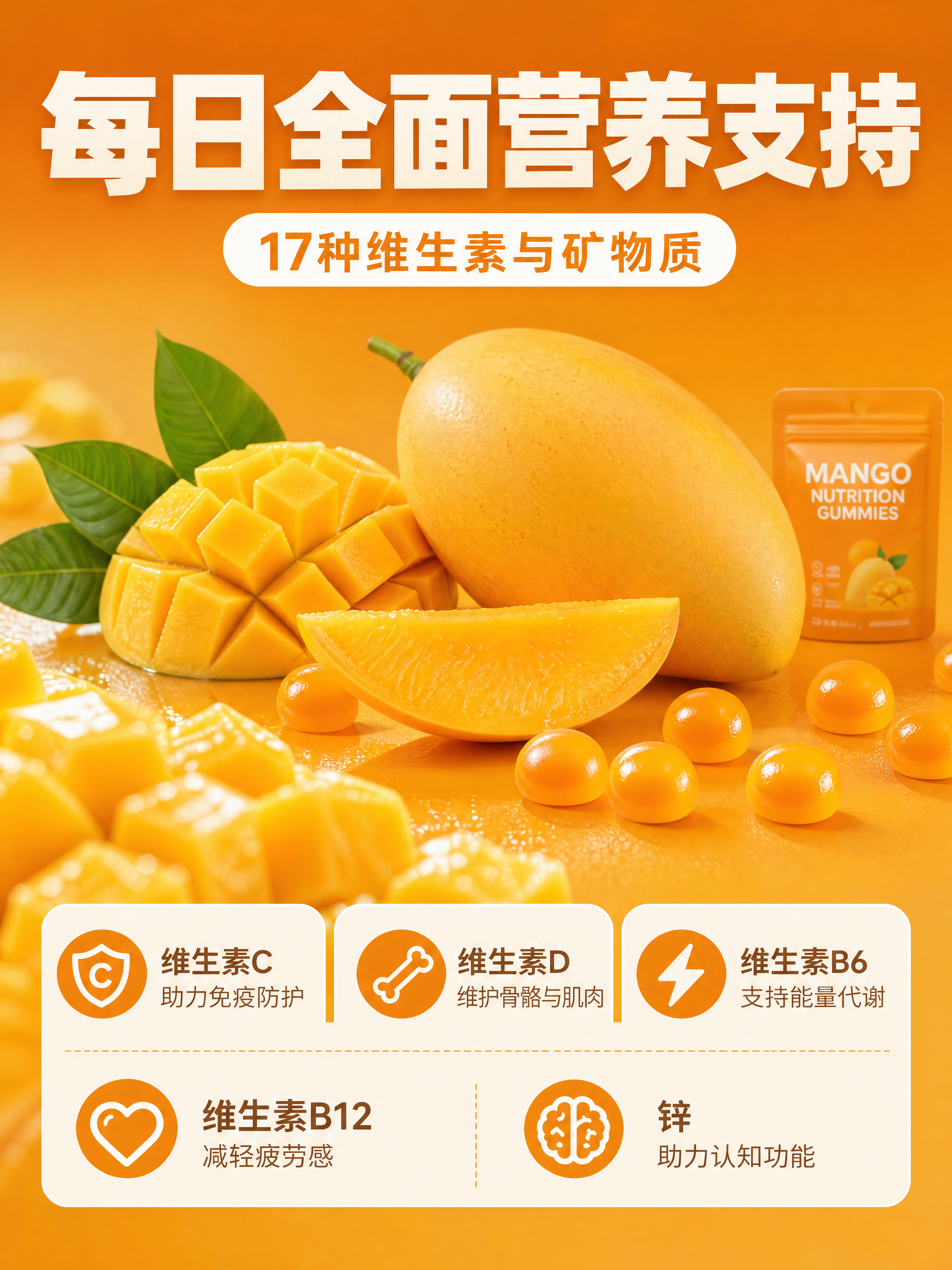 [商品] 使用【图3】芒果与软糖颗粒素材；软糖颗粒为橙色圆球状… - 图片创意预览