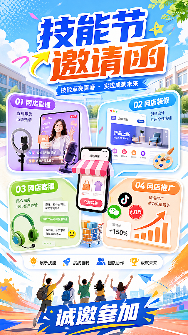技能节邀请函封面，青春阳光色彩鲜艳风格，上方大字标题"技能节邀请函"，总体描述技能节四个项目：网店直播、网店装修、网店客服、网店推广，底部标注诚邀参加字样