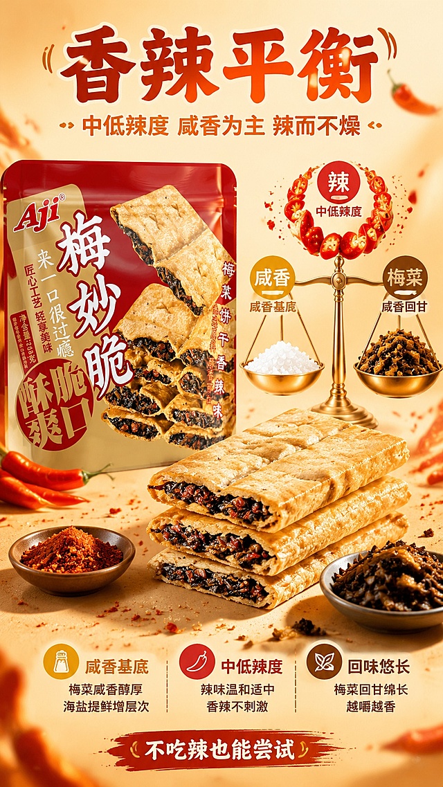 [第4屏] 口味卖点展示-Aji梅菜饼干香辣平衡口味解析。本屏使用【图1】作为商品主体。
[氛围/风格] 味觉可视化风格，香辣诱人，暖色调，商业摄影质感，突出咸香辣的平衡感。
[元素布局] 产品包装袋置于画面左侧，占比约40%；右侧为味觉可视化区域：上方红辣椒圈代表辣度，下方梅干菜+海盐颗粒代表咸香，中间用平衡天平图形示意香辣平衡；底部摆放3块饼干，旁边有一小碟辣椒粉和梅干菜做对比；背景为暖橙色渐变，营造香辣氛围。
[光影质感] 左上方主光，右侧辅光，产品包装有自然高光，辣椒和梅菜颗粒质感清晰，整体温暖诱人。
[配色色系] 全局底色 #FFF3E0（暖橙米）；主色 #E65100（深橙）；辅助色 #C8102E（辣椒红）、#8B4513（梅菜褐）、#FFD54F（咸香金）。
[视角构图] 正面平视，左右分栏构图，阅读动线左侧产品→右侧味觉可视化→底部饼干展示。
[文字版式] 顶部居中主标题「香辣平衡」，副标题「中低辣度 咸香为主 辣而不燥」，字体圆润黑体，字色深红+橙黄；右侧分三栏图标：「咸香基底」「中低辣度」「回味悠长」，每栏配小图标和短句说明；底部标注「不吃辣也能尝试」；文字层次分明。
[比例分辨率] 9:16 竖版比例，4K分辨率，文字清晰可辨，高清画质。
[负向提示词] 包装变形，颜色偏差，水印，文字错乱，辣椒不真实，产品模糊。