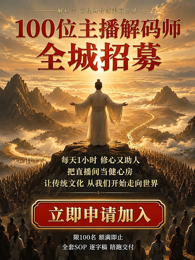 [主图-5] 招募号召与行动指令 新中式氛围感
[氛围风格] 东方新中式 庄严有力量 感召力强 仪式感
[画质] 商业摄影质感 画面震撼 文字清晰有冲击力
[元素] 画面中央 一位身着米白色中式长袍的讲师 站在高处 面向远方 背影坚定 双臂微微张开 仿佛在召唤同道中人 他面前是层层叠叠的山水云海 金色的阳光从云海中穿透而出 形成万丈光芒 画面下方 有无数个小小的人影 面向讲师的方向 仿佛在响应号召 人影逐渐汇聚成一条通往远方的道路 道路尽头是光芒 背景是壮丽的山河日出景象 群山连绵 祥云缭绕 画面充满使命感和感召力 讲师背影位于画面中心偏上位置 占画面约30%
[光影] 日出金色逆光 讲师身上有金色轮廓光 云海和群山被金色阳光染成暖金色 整体光线温暖壮丽 有希望感和力量感 暗部有细节 高光有层次
[配色] 主色调金色 朱砂红 墨蓝 米白 日出暖金色为主 文字朱砂红和金色搭配
[视角构图] 略微仰视的视角 讲师背影居中 前方是广阔的山河云海 视野开阔 有宏大叙事感 上下留有文案空间
[文字版式] 顶部居中大标题 朱砂红粗体宋楷 带金色描边 "100位主播解码师 全城招募" 字体最大最有冲击力 大标题上方一行极小的金色字"解码学 让经典智慧走向世界" 讲师下方中间位置 三行金色短句居中排列 第一行"每天1小时 修心又助人" 第二行"把直播间当健心房" 第三行"让传统文化 从我们开始走向世界" 画面底部 一个大大的朱砂红底色金色文字的圆角矩形按钮 按钮内文字"立即申请加入" 字体粗体醒目 按钮下方两行极小的白色文字 第一行"限100名 额满即止" 第二行"全套SOP 逐字稿 陪跑交付" 所有文字清晰可读 有力量感 不遮挡人物主体
[输出要求] 3:4比例 超高清商业摄影质感 文字清晰可辨
[负向提示词] 变形 文字错乱 模糊 水印 电商平台Logo 正面人脸 现代建筑