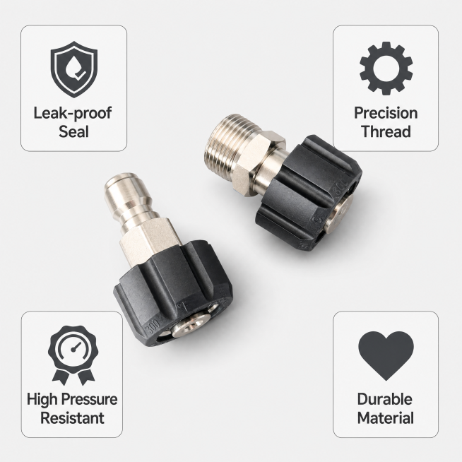 [第2屏] 核心卖点展示 for High Pressure Washer Fittings. Use the product [image1] to show the core advantages预览效果