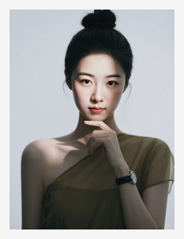 一个女生，橄榄色薄纱斜肩无袖衣服，丸子头，手指点着下巴，戴手表，低饱和度，加强阴影，白色背景。