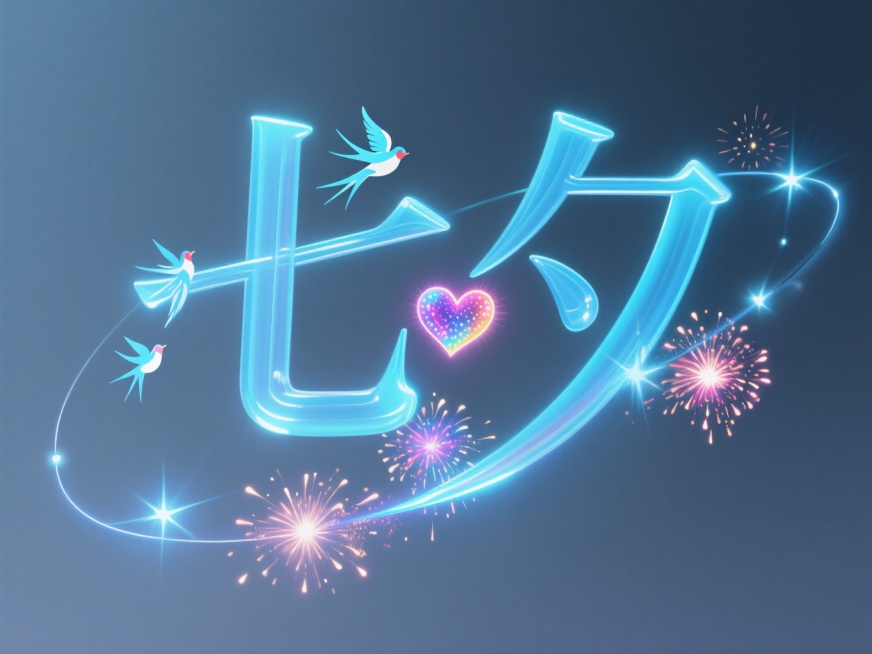 字体为极细线型无衬线体，“七夕”笔画由蓝色激光星轨构成，转折处爆发粒子爱心烟花，字内穿梭全息喜鹊投影，科技感中暗藏东方浪漫，纯色背景，颜色干净预览效果