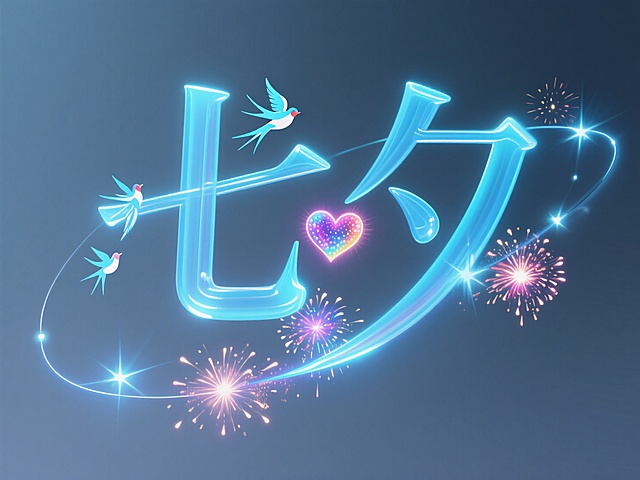 梦幻插画风，大字“七夕”闪耀，烟花与飞鸟环绕，浪漫节日氛围。