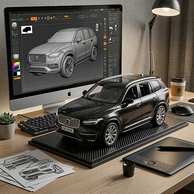 A highly detailed commercial Volvo XC90 SUV car model with a scale of 1:10, realistic style, placed in a real-world environment on a computer desk. The model base is made of carbon fiber material with no text on it, the computer screen displays the ZBrush modeling process of this car model, ultra high resolution image