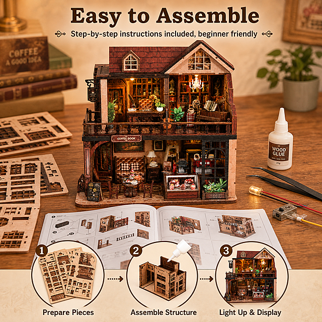 Amazon product main image 6, assembly process and beginner friendly showcase. Background: warm wooden table surface, cozy craft workspace feel. The vintage coffee bookstore book nook model (partially assembled state) sits on a wooden work table. Keep final product appearance consistent with input image. Around the model: scattered laser-cut wood sheets on sprue, small tweezers, glue bottle, instruction manual open with diagrams, LED wiring components. Three numbered step circles at the bottom showing assembly progression: Step 1 icon (wood sheets) + "Prepare Pieces"; Step 2 icon (gluing) + "Assemble Structure"; Step 3 icon (lit house) + "Light Up & Display". Top title: "Easy to Assemble" in warm brown bold font. Subtitle: "Step-by-step instructions included, beginner friendly". Warm soft lighting, craft room atmosphere, flat lay composition with slight angle. 1:1 ratio. All text in English. Negative: deformed, blurry, watermark, Chinese text, e-commerce logo, messy clutter, people faces.