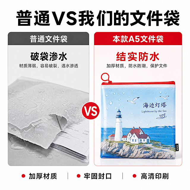 [第2屏] 痛点对比页-左右分栏对比普通文件袋和本品。左侧痛点：破袋渗水，右侧优势：本款A5文件袋结实防水，产品保持原图外观不变。顶部标题"普通VS我们的文件袋"黑色加粗，底部三卖点配红点标注：加厚材质、牢固封口、高清印刷。白底，1:1正方形，4K文字清晰。负向提示：夸张画面，产品变形，水印