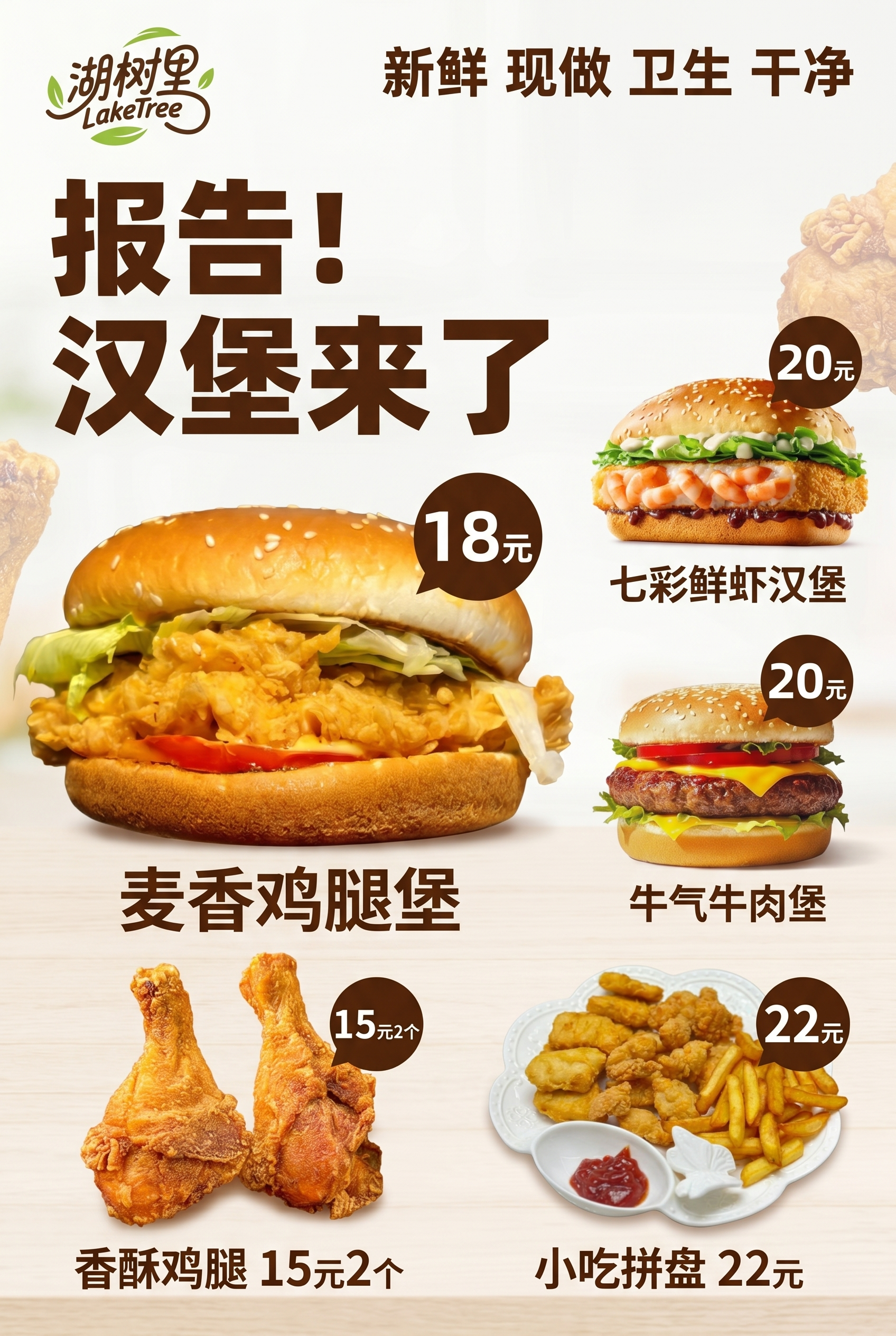 60X90竖版餐饮海报，主题："报告！汉堡来了"，左上角放湖树… - 图片创意预览