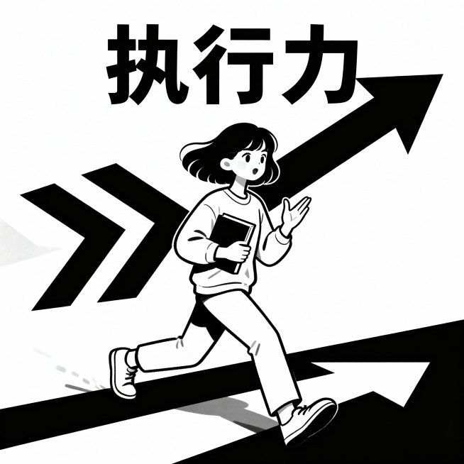 一个女性正在行动，迈步向前，一手拿书本，另一手做手势，短发飘逸，身穿休闲服，表情坚定，背景有前进箭头，上方有黑色文字“执行力”；预览效果