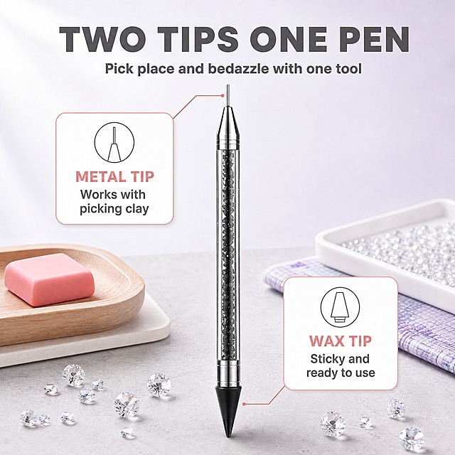 [主图-2] Dual-Tip Rhinestone Picker Pen 5.7 in / 14.5 cm — Wax & Metal Dotting Tool with Storage Tube for Nail Art Crafts and Diamond Painting 核心卖点图。唯一任务：用一个核心购买结论说明这支笔两端分工不同，蜡头可直接粘钻、金属尖配合胶泥点钻；本图不重复尺寸参数与做工微距。
[统一基调] 明亮通透的轻奢手工电商信息图；浅灰白到淡紫白的柔和渐变底、浅灰手作台面与浅木色小托为环境色；主标题深靖灰，辅助文案中灰，强调色玫瑰金粉；全套只用一种几何无衬线粗体字，标题最粗最大、辅助文案缩小五成以上且只变字号层级不换字体；组件统一为 12px 圆角白卡配 1px 浅灰描边与 2px 线性图标；光影统一左上方明亮柔光、产品下方自然接触阴影。
[画面] 浅灰白到淡紫白柔和渐变底，配浅灰手作台面作为真实弱场景；中央为竖直摆放的点钻笔主体，产品为第一视觉层级、占画面约 55%；用两条细引线分别从笔的上端金属针尖与下端蜡头引出，各指向一张白色圆角功能卡：上端卡片配线性针尖图标并写 "METAL TIP" 与短说明 "Works with picking clay"，下端卡片配线性蜡头图标并写 "WAX TIP" 与短说明 "Sticky and ready to use"；台面前方散落几粒透明水钻作为语境组件，摆放自然、每粒都有接触阴影；主标题 "TWO TIPS ONE PEN" 放在画面上方留白区，下方一行中灰辅助文案 "Pick place and bedazzle with one tool"。
[光影质感] 左上明亮柔光，透明笔身呈清透玻璃质感，金属针尖有细窄高光，水钻呈细小折射火光但不抢主体，产品与台面接触阴影真实。
[配色] 浅灰白与淡紫白渐变底；深靖灰标题、中灰辅助文案；玫瑰金粉只作卡片描边与强调色；线性图标统一深灰。
[文字版式] 沿用统一几何无衬线粗体；主标题最粗最大且全大写，辅助文案与卡片说明缩小五成以上；全部横排、不遮挡产品。
[输出要求] 比例 1:1（2048×2048），文字与产品均清晰可读；负向：中文文字、错字、功能描述与笔头不对应、产品变形、水钻悬浮、卡片风格不一致、杂乱、水印、平台 Logo。