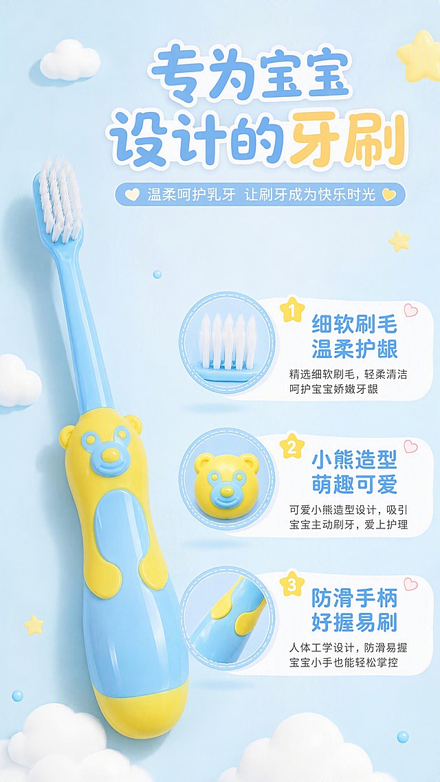 [第2张] 核心卖点页-儿童小熊牙刷三大卖点解析。本张使用【图2】蓝黄款小熊牙刷作为主体展示。
[氛围/风格] 清新可爱母婴风，信息图版式，商业摄影质感。
[元素布局] 蓝黄款小熊牙刷斜置于画面左侧，占比约40%；右侧分三栏展示卖点，每栏配童趣图标；牙刷结构、小熊造型、颜色与输入图一致；背景为浅蓝渐变，点缀小云朵和星星。
[光影质感] 左侧主光，右侧辅光，牙刷表面有自然高光，阴影柔和。
[配色色系] 全局底色 #F0F8FF 浅蓝白；主色马卡龙蓝、鹅黄；辅助色粉色、白色。
[视角构图] 正面平视偏左，阅读动线从左产品到右卖点。
[文字版式] 顶部主标题「专为宝宝设计的牙刷」；右侧三行卖点：①「细软刷毛 温柔护龈」配刷毛图标 ②「小熊造型 萌趣可爱」配小熊图标 ③「防滑手柄 好握易刷」配手柄图标；每行卖点配1句简短说明，文字清晰可读。
[比例分辨率] 9:16 竖版比例，4K分辨率，文字清晰可辨，高清画质。
[负向提示词] 牙刷变形，结构错误，颜色偏差，水印，文字过小，文字错乱，产品模糊
