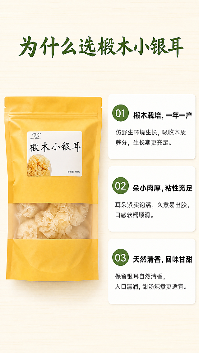 [第6屏] 详情页卖点屏-椴木小银耳核心卖点拆解。
[氛围/风格] 信息清晰风，简洁专业，符合京东平台严谨调性，突出核心价值。
[元素布局] 左右分栏结构，左侧放置【图1】椴木小银耳完整包装，保持包装外观与输入产品一致；右侧纵向排列三个核心卖点，每个卖点配编号图标、标题和说明文字。三个卖点分别为：1. 椴木栽培，一年一产；2. 朵小肉厚，粘性充足；3. 天然清香，回味甘甜。布局疏密得当，不拥挤。
[光影质感] 均匀柔和的室内光，包装和文字都清晰可见，没有明显硬阴影。
[配色色系] 全局底色：#F8F5E6（浅米原木色）；主体配色：#F2BC3D（包装黄）+#333333（文字黑）+#4A7C33（编号绿）；辅助色：#FFFFFF（信息卡白）。
[视角构图] 左图右文，稳定均衡，阅读动线从上到下清晰流畅。
[文字版式] 顶部大标题「为什么选椴木小银耳」深绿色字，居中；每个卖点编号01/02/03放在深绿色圆形中，标题加粗黑色，说明文字小号深灰，行距宽松，手机端清晰可读。字形沿用温润书法感标题+无衬线正文，字色仅深绿+深黑2种，纯色填充。
[比例分辨率] 9:16竖版比例，4K分辨率，文字清晰可辨，超高清。
[负向提示词] 包装变形，文字错乱，颜色偏差，布局混乱，水印，背景杂乱，极限词