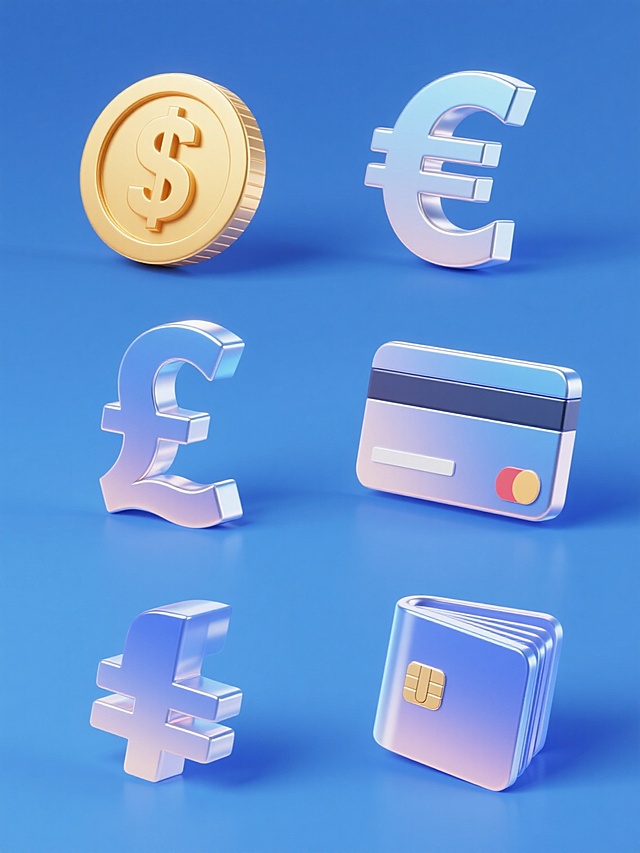 6个不同金融元素的3D立体图标系列，包括金币、美元符号、欧元符号、英镑符号、银行卡、存折，每个元素均采用金属质感的渐变色泽，高光与阴影对比鲜明，表面光滑有反光效果，背景为纯色，整体色彩统一变换为蓝色系，所有元素规整排列成两行三列的网格布局，保持一致的3D渲染风格和立体感。