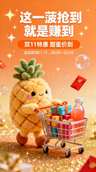 双11主题毛绒风海报，主角是一只毛茸茸的菠萝玩偶，推着购物车，车里装满彩色礼盒和甜蜜果汁瓶。主标题是橙底白色大字：“这一菠抢到
就是赚到”，
副标题“双11特惠 甜蜜价到”，
“活动时间11.11，0预览效果