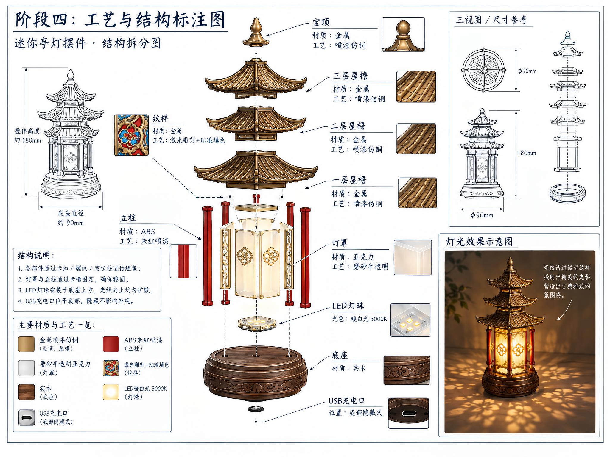 一张设计草稿图，标题为"阶段四：工艺与结构标注图"，工业设计图… - 图片创意预览