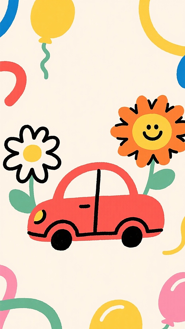 插画风卡通设计，拟人化花朵与汽车，波普艺术色彩，营造可爱节日氛围。