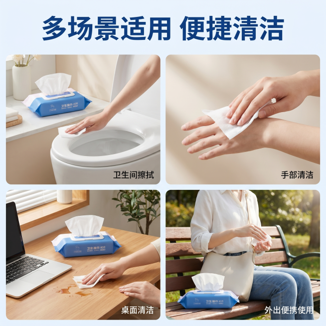 [主图 4] 卫生湿巾多场景使用展示，突出多用性。[氛围风格] 生活化自然场景，温馨真实感。[画质] 商业摄影质感，光线自然柔和，画面清晰干净。[元素] 四宫格布局展示四个常见使用场景：左上卫生间擦拭预览效果