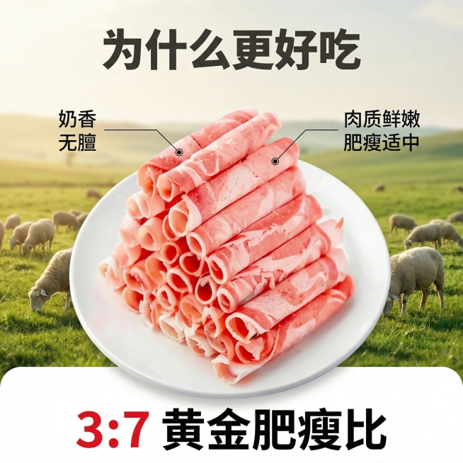 [主图 2] 核心卖点展示，3:7黄金肥瘦比特性
[氛围/风格] 生鲜写实风格，自然暖光，清晰通透
[画面元素] 保持原产品羊肉卷造型不变，产品主体居中，在产品侧后方叠加牧场青草地背景，突出产地优质天预览效果