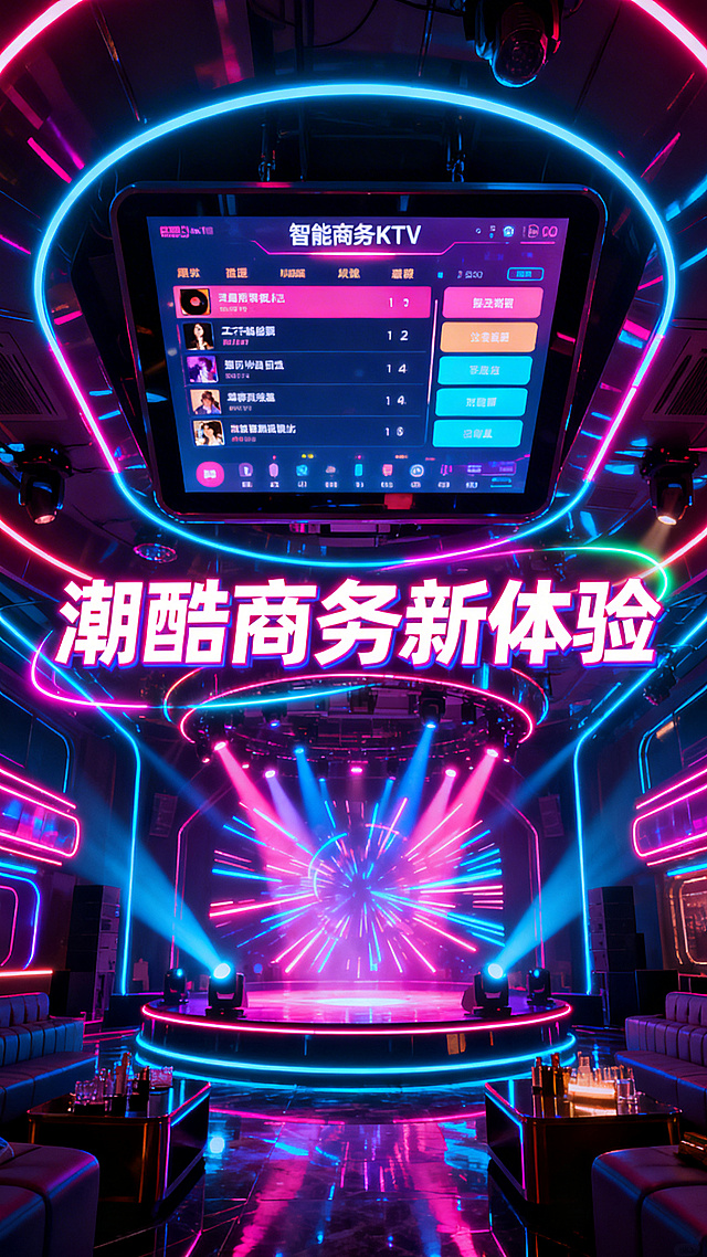 西安商务KTV场景，科技感未来风装修，霓虹灯光，智能点歌系统，炫酷的舞台效果，添加文字“潮酷商务新体验”