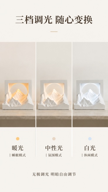 [第4屏] 灯光功能屏-展示三档调光效果，白光暖光中性光任意选择。本屏使用【图2】产品主图。
[氛围/风格] 功能展示简约风，清晰直观，干净明亮。
[元素布局] 横向三栏布局，每栏展示一种灯光效果，从预览效果