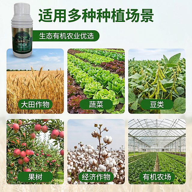 [主图 4] 适用作物场景展示。[氛围风格] 丰富实景风，直观清晰。[画质] 商业摄影质感、光线柔和通透、产品清晰真实、画面干净高级。[元素] 产品放置在画面左上位置，占比适中，保持产品外观与输入产品图绝对一致，杜绝变形色差，精细化处理。画面右下部分六宫格展示适用场景：大田作物、蔬菜、豆类、果树、经济作物、有机农场，每个宫格展示对应作物实景，并标注名称。整体满版构图，无边框。[光影] 自然明亮光线，每个场景细节清晰，产品光照均匀。[配色] 主色调绿色自然风，宫格用浅色细线分隔，清晰不杂乱。[视角构图] 左上产品+右下宫格的满版构图，信息丰富排版清晰。[文字版式] 顶部大标题“适用多种种植场景”绿色大字，每个场景宫格下方标注对应名称，左上产品旁标注“生态有机农业优选”绿色标签。[比例分辨率] 1:1 比例，2k 分辨率；文字清晰锐利，画面超高清。[负向提示词] 变形，水印，文字错乱，产品图模糊，背景杂乱，文字遮挡主体