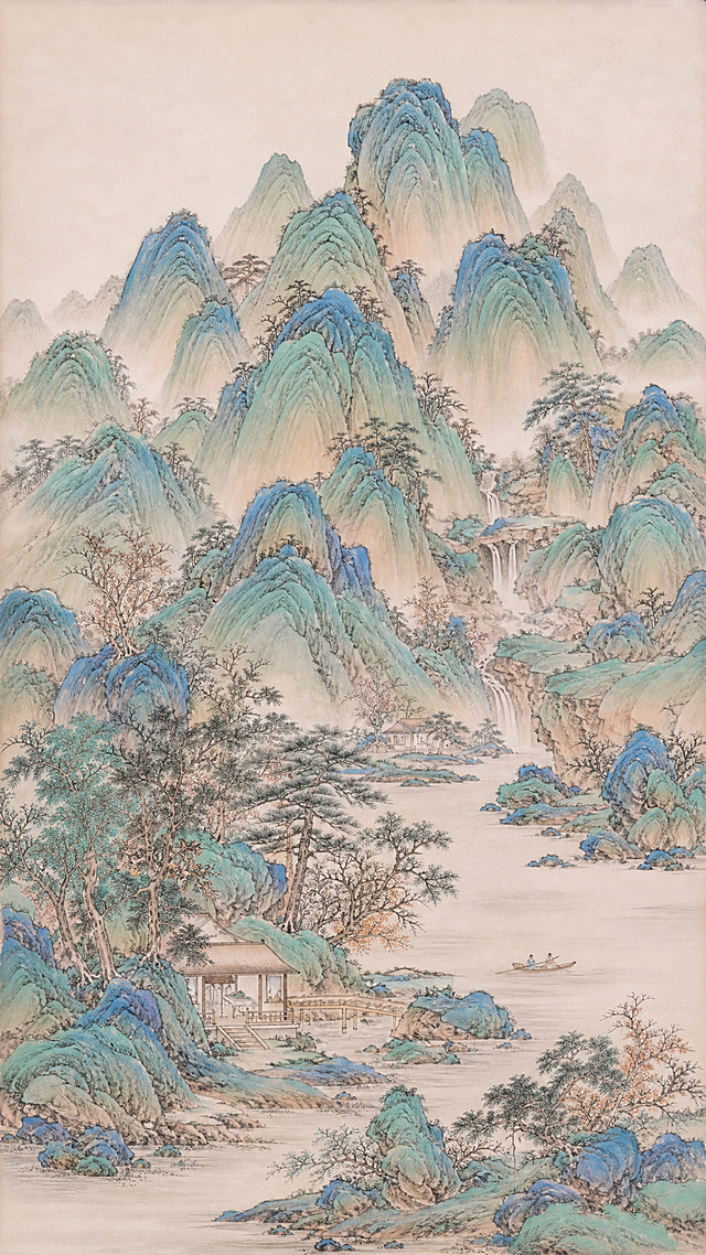 参考参考图片风格，生成竖版构图，不加文字，保留国风青绿山水画风格，重绘完整山水画画面内容